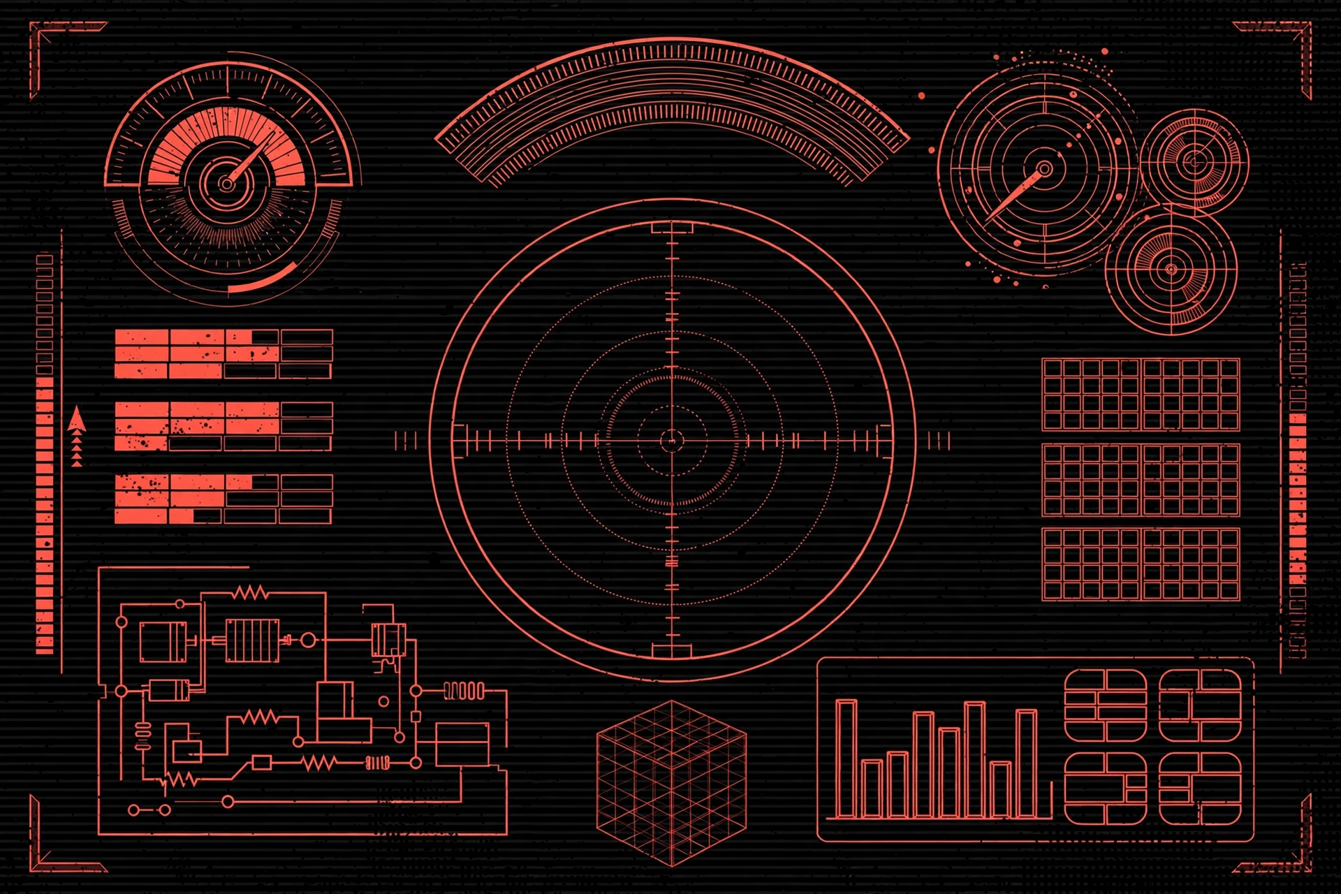 Monochrome red wireframe HUD interface with targeting reticle, gauges, and schematics on black
