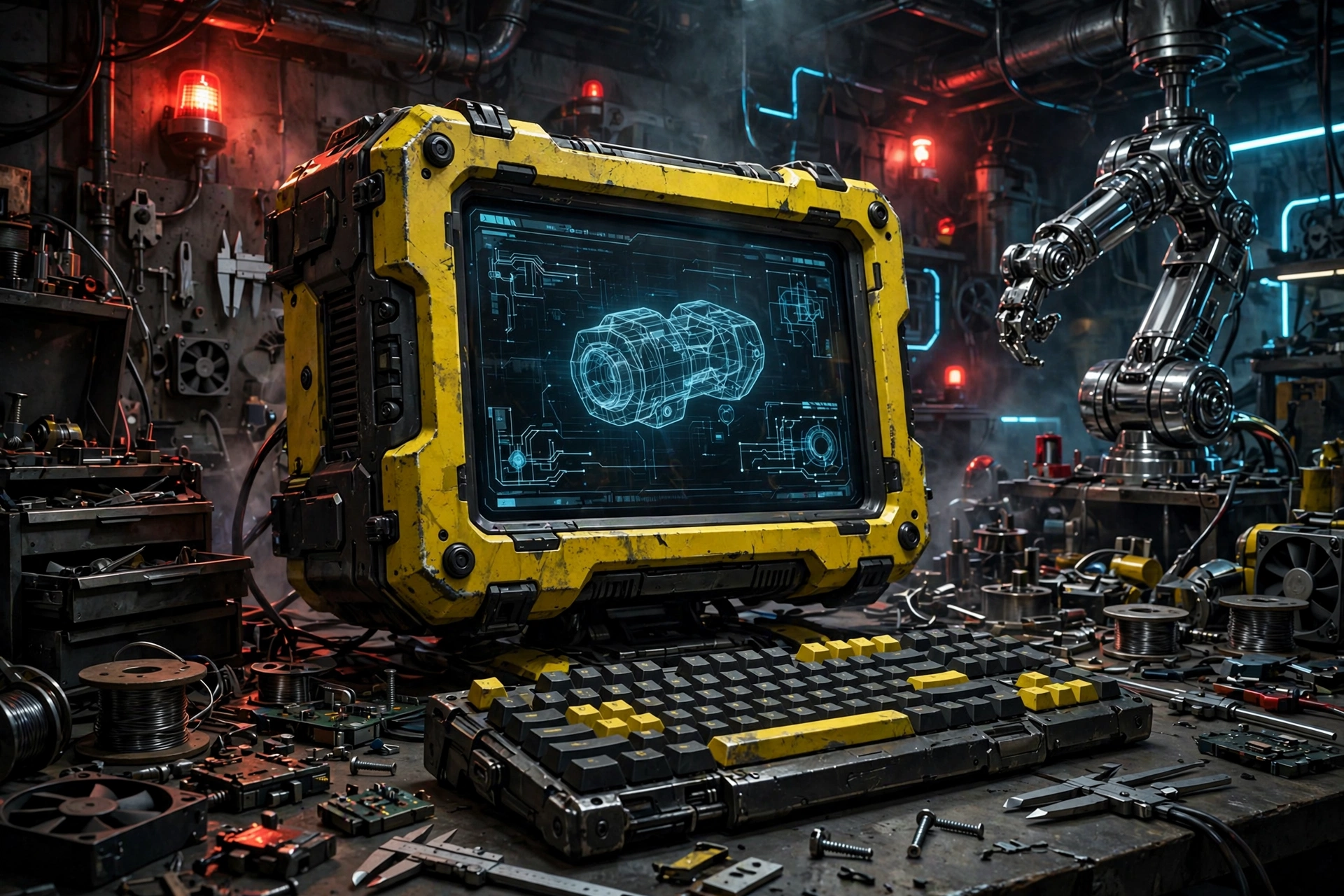 Yellow rugged industrial computer terminal on a cluttered workshop bench beside a chrome robot arm